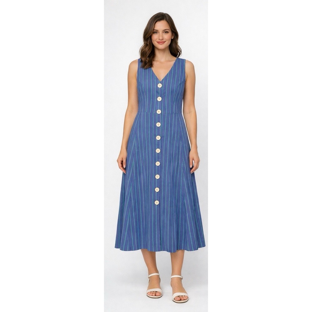 Tommy Hilfiger Blue Striped Sleeveless Button Front Midi Dress